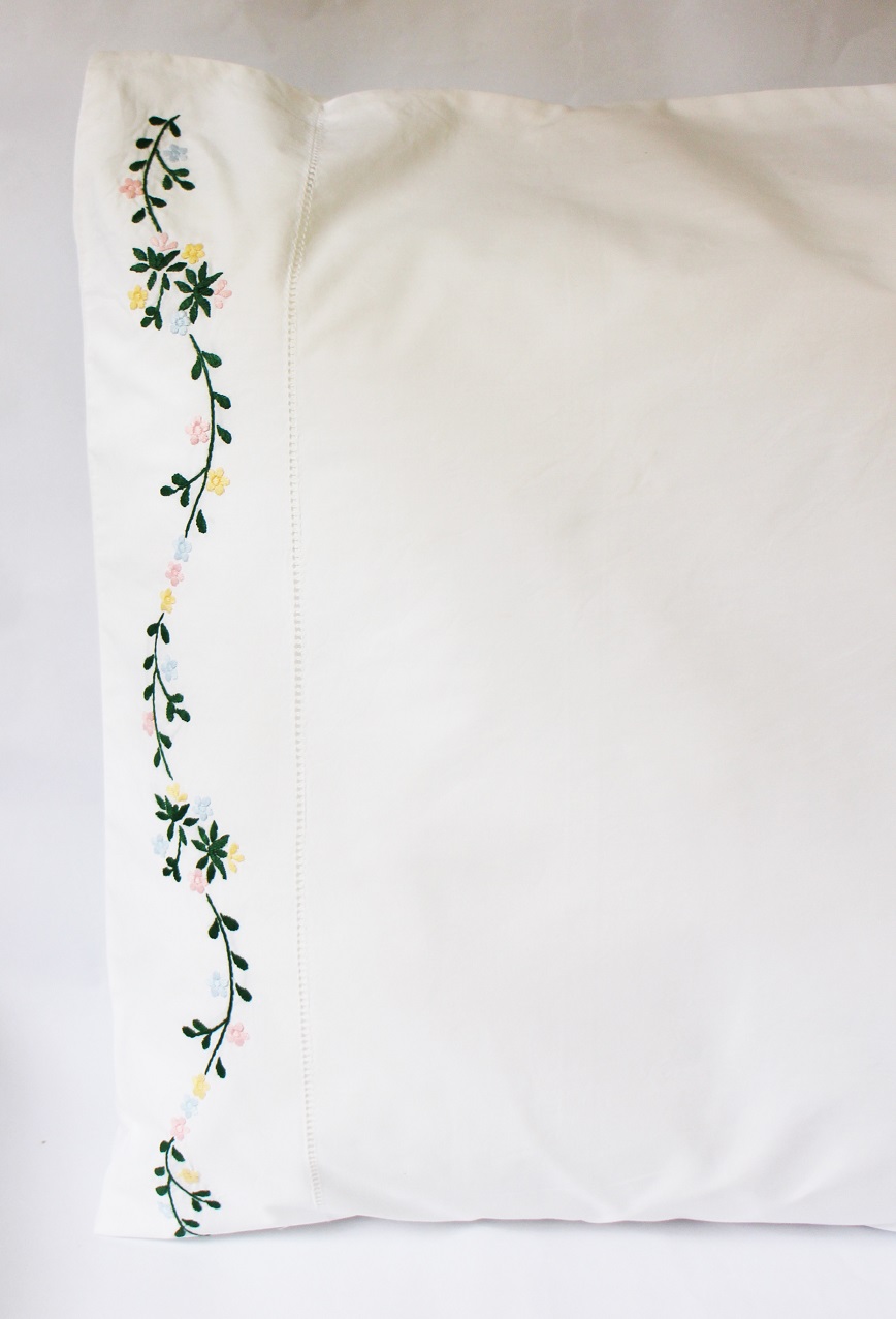 Colorful flowers hand embroidered hemstitched pillowcase